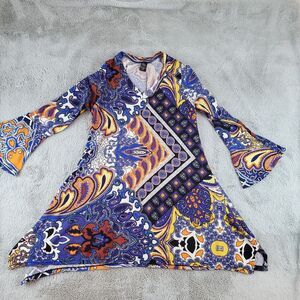 Win Win Flare Bottom Tunic Womens S/M 3/4 Flared Sleeves V-Neck Paisley Hippy‎